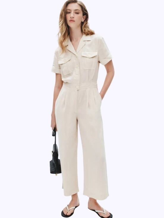 Lauren Ralph Lauren Pants - Lauren Ralph Lauren Cream Linen Blend Embroidered Utility Jumpsuit Wide Leg NEW